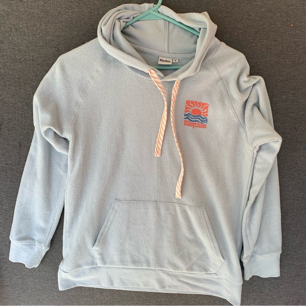 Rhythm Pastel Blue lightweight Pullover Hoodie Sweatshirt Coral Logo Size Medium